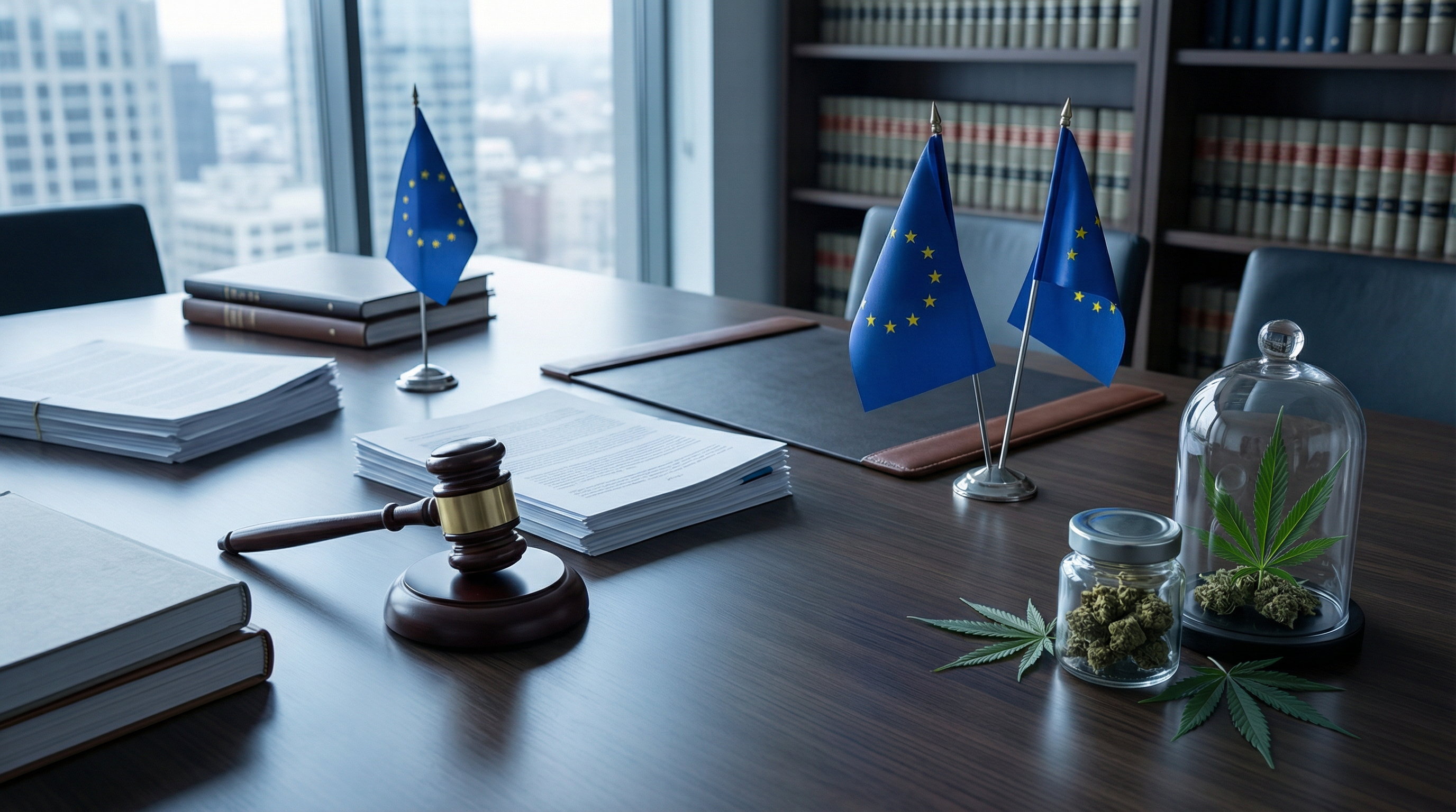 Mazo de justicia y banderas de la UE